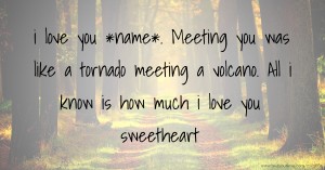 i love you *name*. Meeting you was like a tornado meeting a volcano. All i know is how much i love you sweetheart