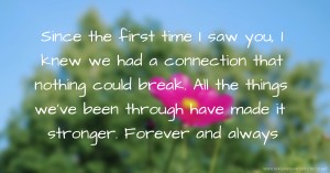 Since the first time I saw you, I knew we had a connection that nothing could break. All the things we've been through have made it stronger. Forever and always