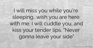 I will miss you while you're sleeping...wish you are here with me. I will cuddle you, and kiss your tender lips. Never gonna leave your side
