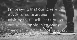 I’m praying that our love will never come to an end. I’m wishing that it will last until you can see an apple in an orange tree on the 30th day of February.