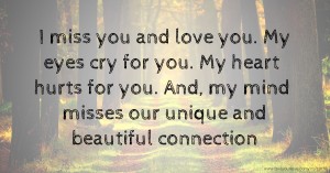 I miss you and love you. My eyes cry for you. My heart hurts for you. And, my mind misses our unique and beautiful connection.