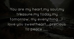 You are my heart,my soul,my treasure,my today,my tomorrow, my everything....I love you sweetheart....precious to peace .....