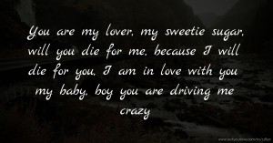 You are my lover, my sweetie sugar,  will you die for me, because I will die for you, I am in love with you my baby,  boy you are driving me crazy.