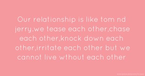 Our relationship is like tom nd jerry.we tease each other,chase each other,knock down each other,irritate each other but we cannot live wthout each other