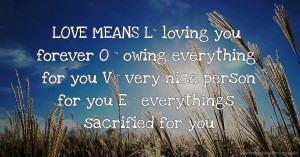 LOVE MEANS            L~ loving you forever        O ~ owing everything for you  V ~ very nice person for you      E ~ everythings sacrified for you