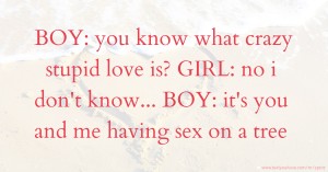 BOY: you know what crazy stupid love is? GIRL: no i don't know... BOY: it's you and me having sex on a tree.