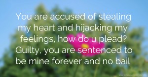 You are accused of stealing my heart and hijacking my feelings, how do u plead? Guilty, you are sentenced to be mine forever and no bail.