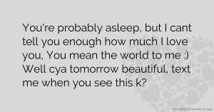 You're probably asleep, but I cant tell you enough how much I love you, You mean the world to me :) Well cya tomorrow beautiful, text me when you see this k?