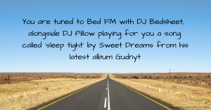 You are tuned to Bed FM with DJ Bedsheet, alongside DJ Pillow playing for you a song called 'sleep tight' by Sweet Dreams from his latest album Gudnyt.