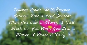 Teacher: Whats the Difference Between Like & Love Student: When You Like a Flower, U Just Pluck it..! But, When You Love a Flower, U Water it Daily....!!