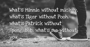 What's Minnie without mickey, what's Tiger without Pooh, what's Patrick without Spongebob, what's me without you....