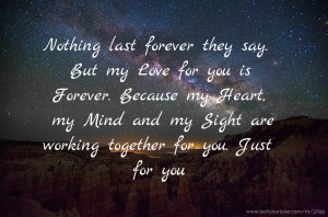 Nothing last forever they say. But my Love for you is Forever. Because my Heart, my Mind and my Sight are working together for you. Just for you.