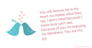 You will forever be in my heart, no matter what they say. I don't mind because I know love can't see, because of you I'm enjoying my blindness. You are my joy.