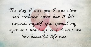 The day I met you I was alone and confused about how I felt towards myself. You opened my eyes and heart up, and showed me how beautiful life was.