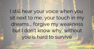 I still hear your voice when you sit next to me, your touch in my dreams... forgive my weakness but I don't know why, without you is hard to survive