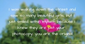 I was walking down the street and saw so many beautiful girls, but I just smiled within myself because I knew they are just your photocopy, you are the original.