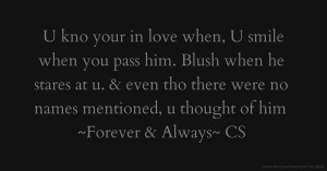 U kno your in love when, U smile when you pass him. Blush when he stares at u. & even tho there were no names mentioned, u thought of him  ~Forever & Always~ CS