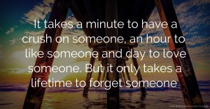 It takes a minute to have a crush on someone, an hour to like someone and day to love someone. But it only takes a lifetime to forget someone.