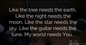 Like the tree needs the earth, Like the night needs the moon, Like the star needs the sky, Like the guitar needs the tune, My world needs You...