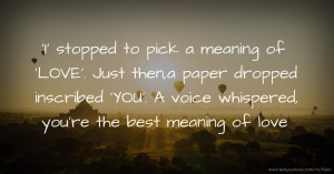 'I' stopped to pick a meaning of 'LOVE'. Just then,a paper dropped inscribed 'YOU'. A voice whispered, you're the best meaning of love.