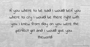 If you where to be sad I would beif you where to cry I would be there right with you I knew from day on you were the perfect girl and i would give you theworld