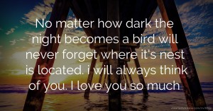 No matter how dark the night becomes a bird will never forget where it's nest is located. i will always think of you. I love you so much.
