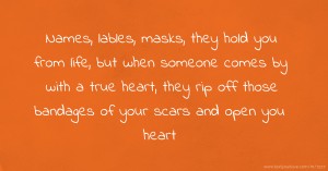 Names, lables, masks, they hold you from life, but when someone comes by with a true heart, they rip off those bandages of your scars and open you heart