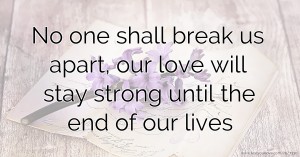 No one shall break us apart, our love will stay strong until the end of our lives.