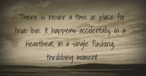 There is never a time or place for true love. It happens accidentally, in a heartbeat, in a single flashing, throbbing moment.