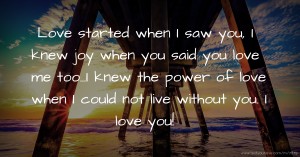 Love started when I saw you, I knew joy when you said you love me too...I knew the power of love when I could not live without you. I love you!