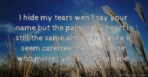 I hide my tears wen I say your name but the pain in my heart is still the same.although I smile n seem carefree there is noone who misses you more than me.