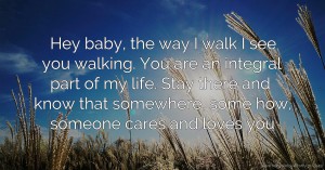 Hey baby, the way I walk I see you walking. You are an integral part of my life. Stay there and know that somewhere, some how, someone cares and loves you.
