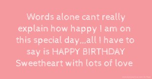 Words alone cant really explain how happy I am on this special day,,,all I have to say is HAPPY BIRTHDAY Sweetheart with lots of love