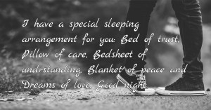I have a special sleeping arrangement for you: Bed of trust, Pillow of care, Bedsheet of undrstanding, Blanket of peace and Dreams of love, Good night.