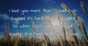 I love you more than I could ever explain! It's hard to put in word so when I see you next I will explain it in hugs and kisses xoxo