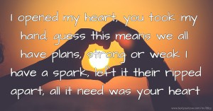 I opened my heart, you took my hand, guess this means we all have plans, strong or weak I have a spark, left it their ripped apart, all it need was your heart.