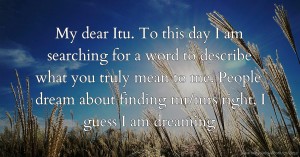 My dear Itu. To this day I am searching for a word to describe what you truly mean to me. People dream about finding mr/mrs right, I guess I am dreaming.