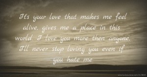 It's your love that makes me feel alive, gives me a place in this world. I love you more then anyone, I'll never stop loving you even if you hate me.